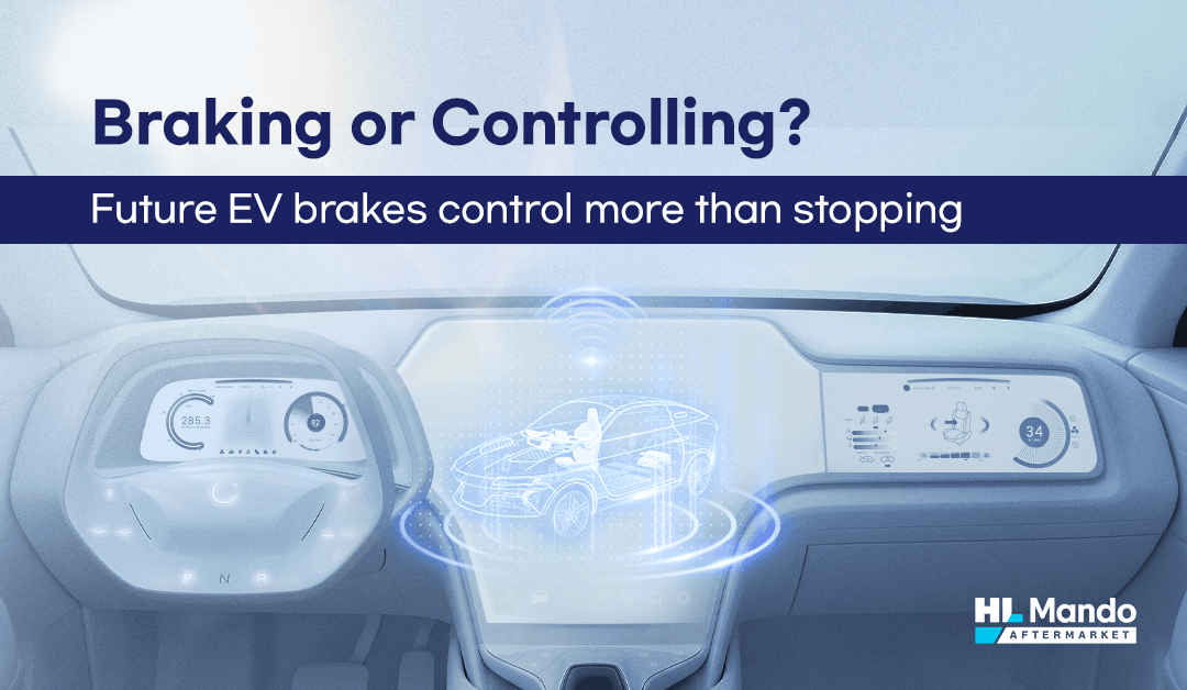 Futuristic electric vehicle cockpit dashboard displaying advanced autonomous driving response and HL Mando Aftermarket brake control system solutions.