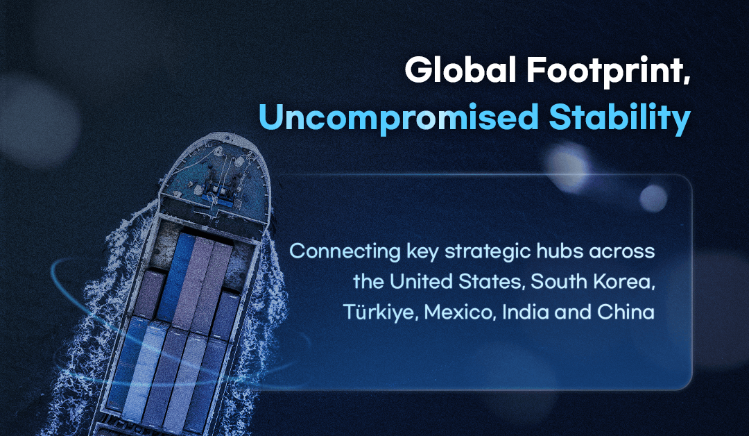 Global Footprint,Uncompromised Stability.HL Mando's multi-regional supply network. Connecting key strategic hubs across the United States, South Korea, Türkiye, Mexico, India and China.